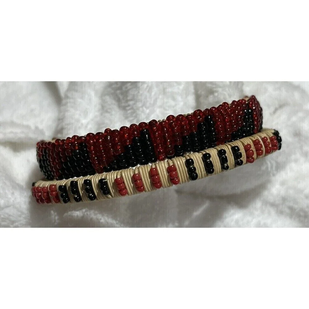 Red & Black Set Of 2 Woven Seed Bead Rattan Bracelet Non Stretch Boho Aztec